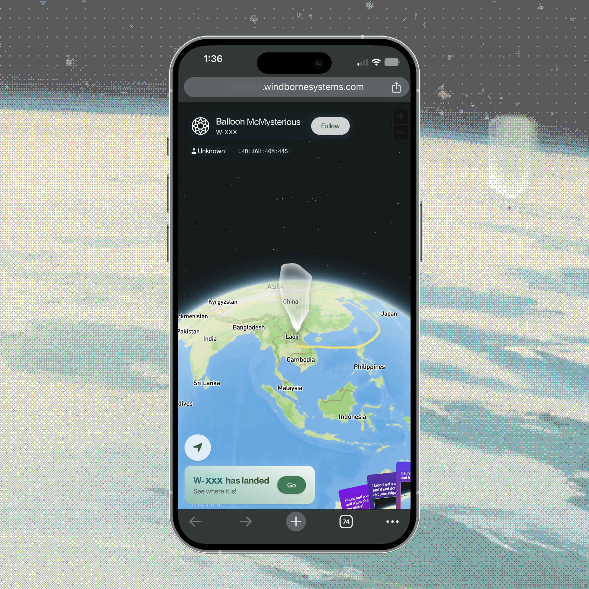 Balloon Socials app on a phone — tracking a WindBorne balloon over a 3D globe, with launch social posts, over a glowing balloon-filled sky
