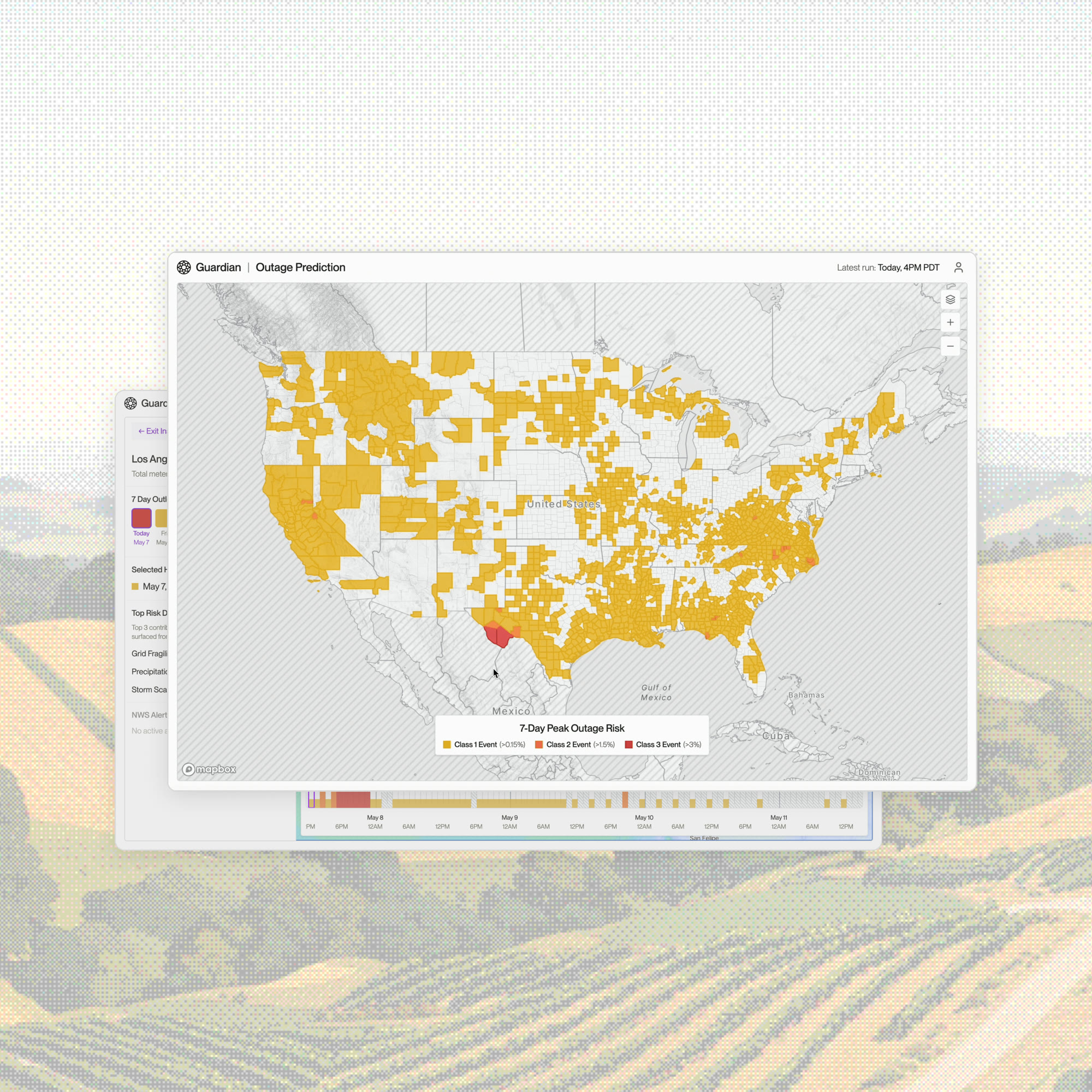 Guardian outage-prediction dashboard showing forecasted power-outage risk across a US map, set over a rolling-hills landscape