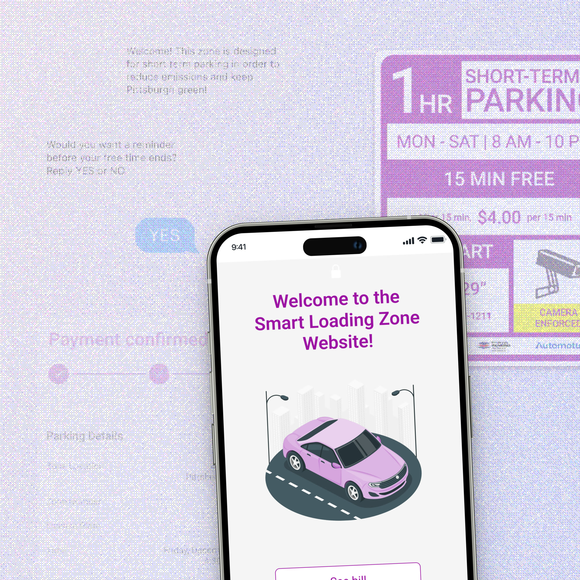 SwiftPark short-term parking solution — a redesigned loading-zone sign, SMS reminder flow, and a phone showing the Smart Loading Zone site